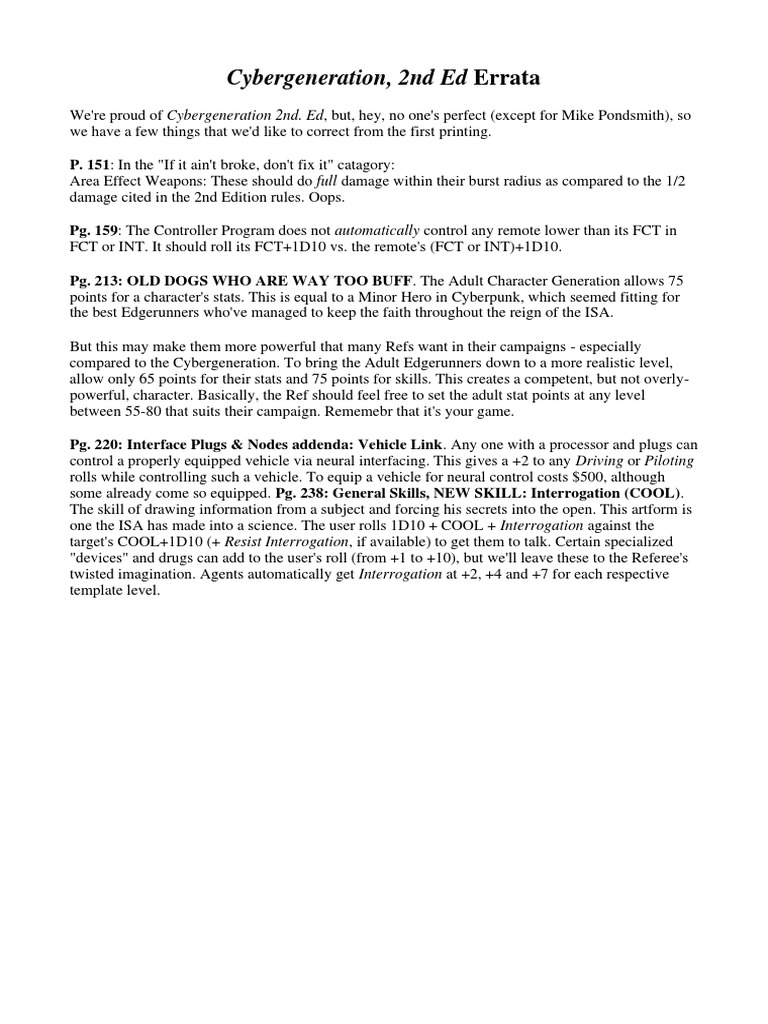 CyberPunk 2027 - Errata PDF | PDF