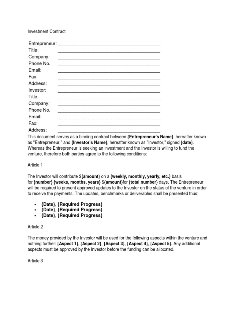 Investment Contract Agreement Template | PDF | Investing | Entrepreneurship