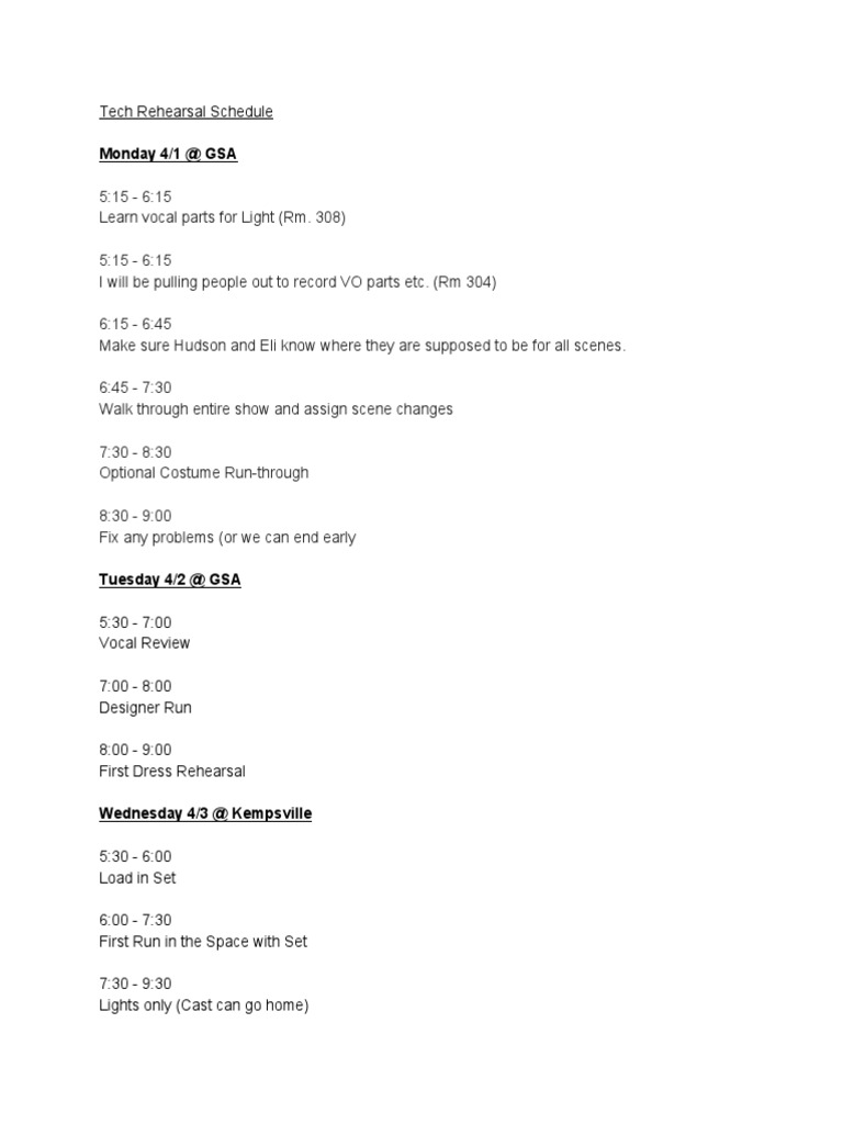 Tech Rehearsal Schedule 1 Pdf