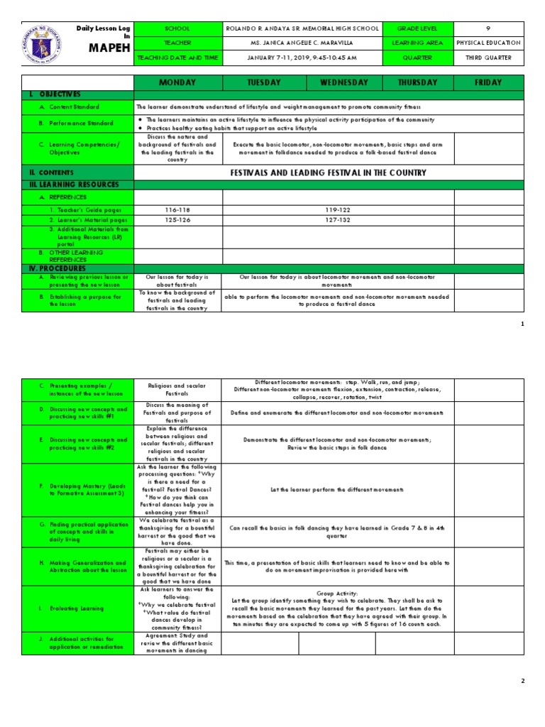 DLL Mapeh 3rd Quarter (P.e) PDF Learning Behavior Modification