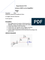 Experiment # 02 Behaviour of BJT As An Amplifier: Component/Apparatus