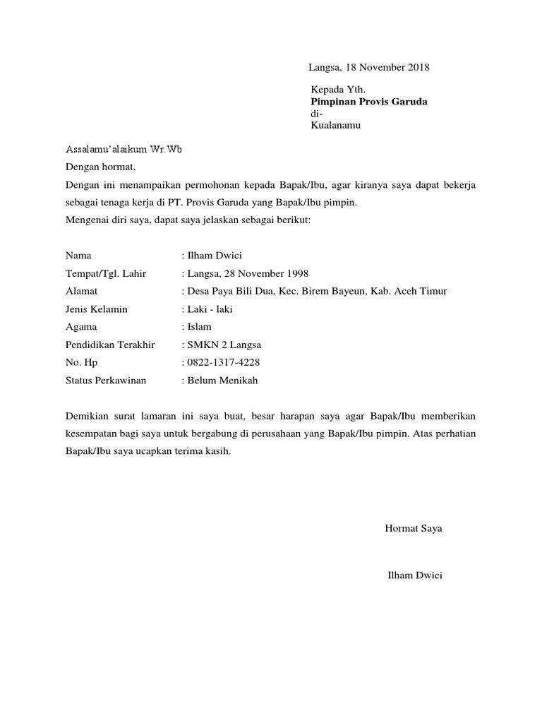 Contoh Surat Lamaran Kerja Pt Garuda Indonesia Berbagi