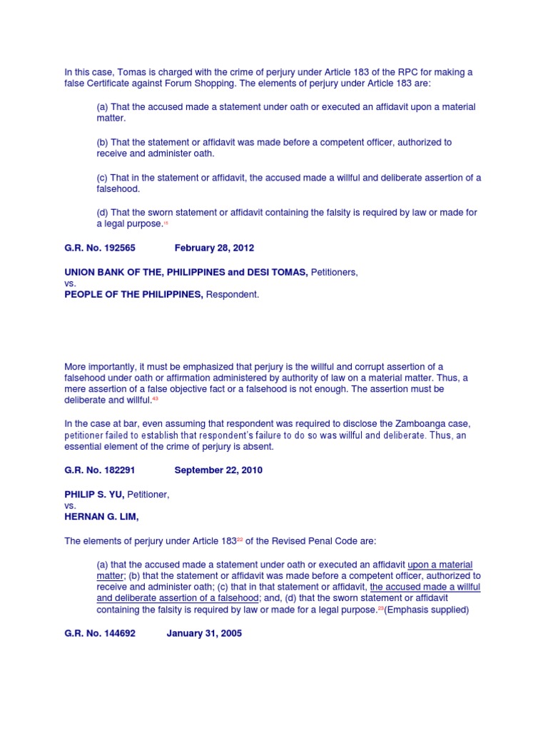 Elements of Perjury Under Article 183 | PDF | Perjury | Affidavit