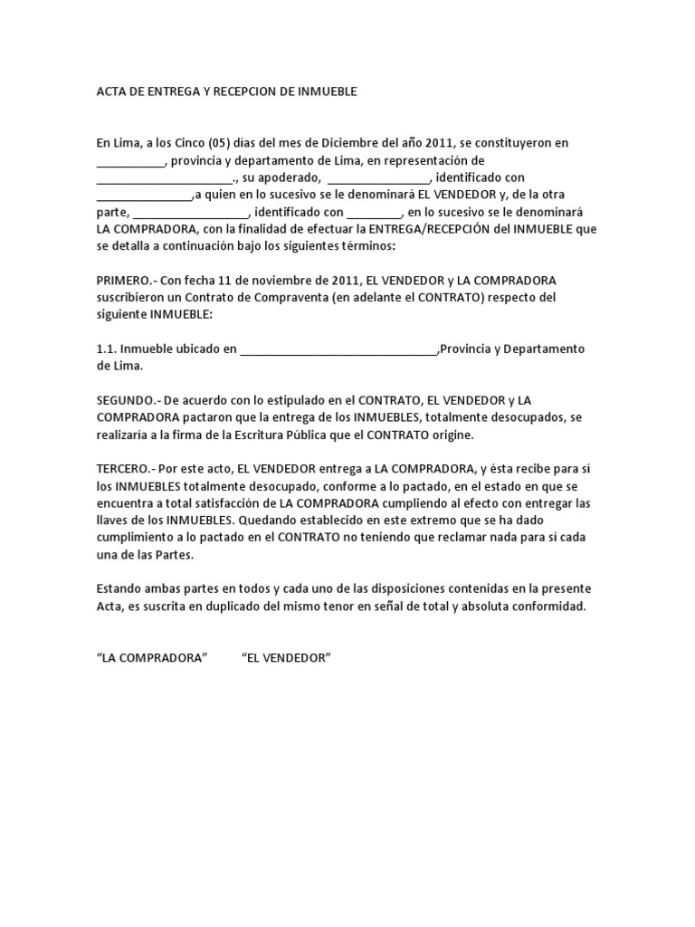 Acta de Entrega y Recepcion de Inmueble Alquiler Gobierno