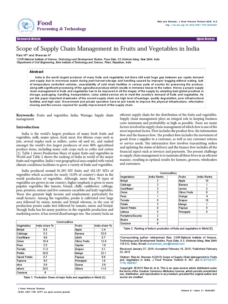Scope of Supply Chain Management in Fruits and Vegetables in India 2157 ...
