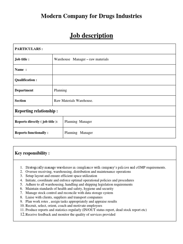Job Description Warehouse Manager PDF