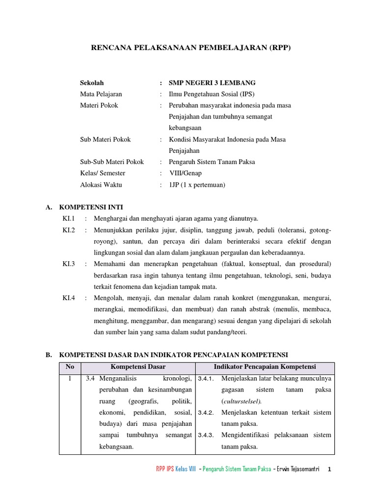 Rpp Pengaruh Sistem Tanam Paksa Kelas Viii Smp Erwin Tejasomantri