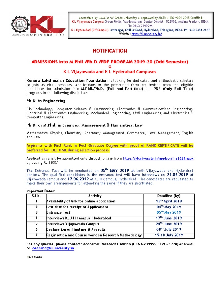 PHD Notification 2019 2020 Odd Semester PDF | PDF | Doctor Of ...