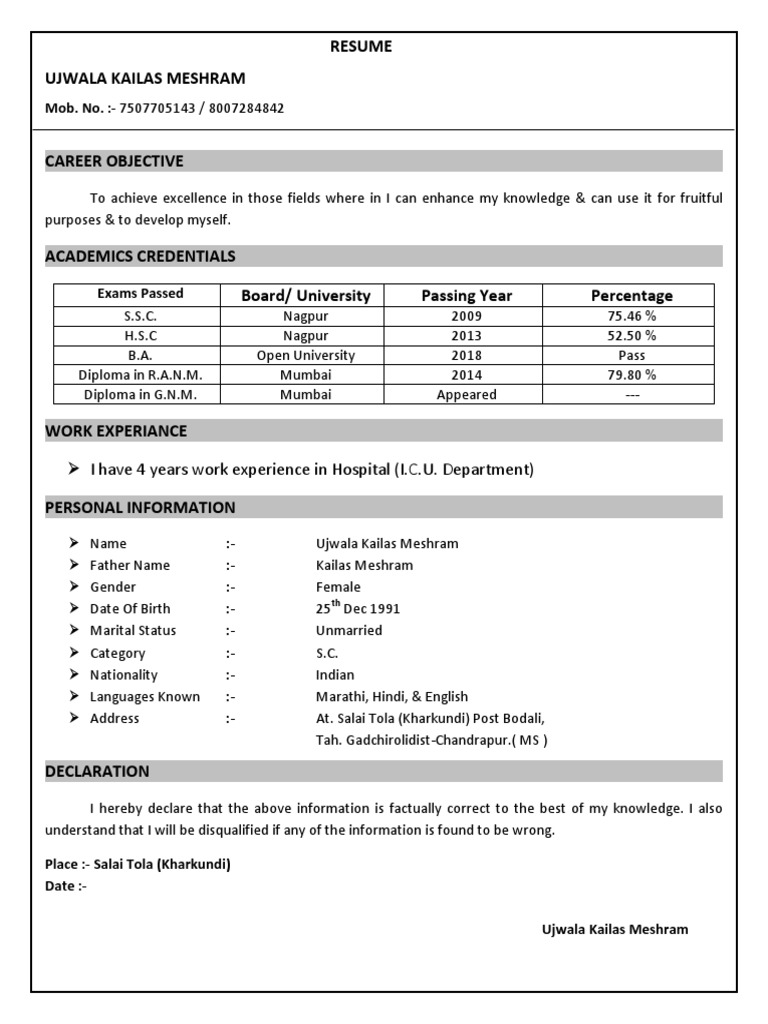 ICU Nurse Resume - Ujwala Meshram | PDF