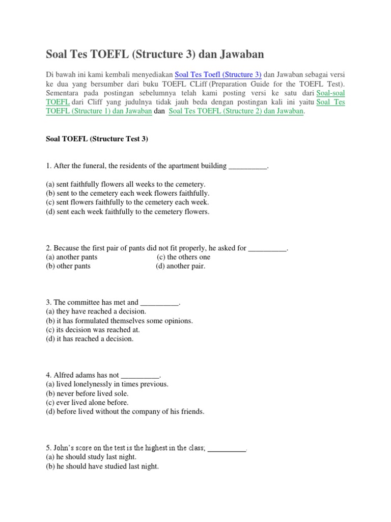 Soal TOEFL Structure 3 dan Jawaban | PDF
