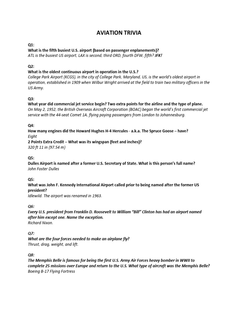 Aviation Trivia Questions and Answers PDF John F. Kennedy