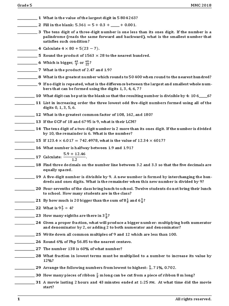 Grade 5 Math Questions and Solutions | PDF | Fraction (Mathematics ...
