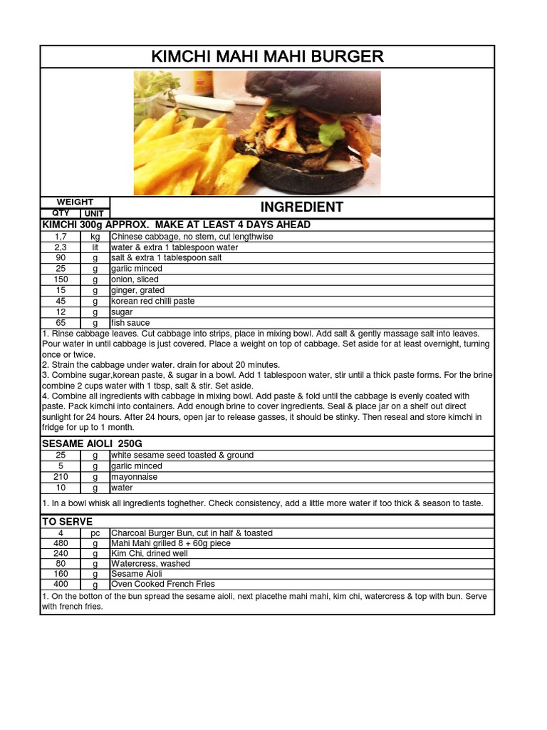 Kimchi Mahi Mahi Burger Ingredient PDF