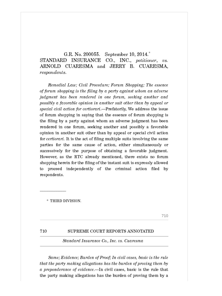 Standard Insurance Co., Inc. vs. Cuaresma PDF Burden Of Proof (Law