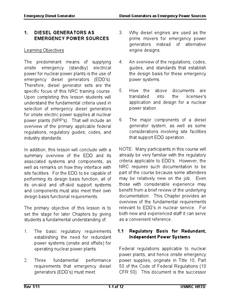 Emergency Diesel Generators in Nuclear Power | PDF | Nuclear Regulatory ...