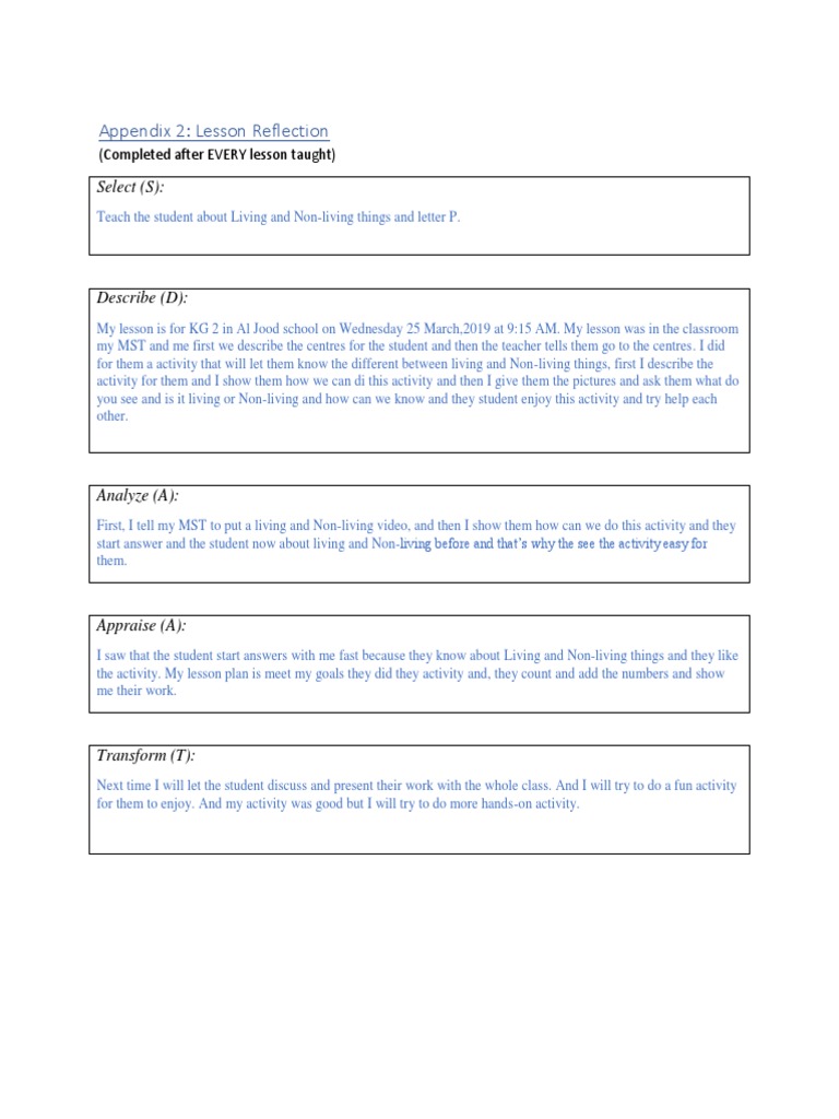 KG 2 Lesson Reflection: Living vs Non-Living | PDF