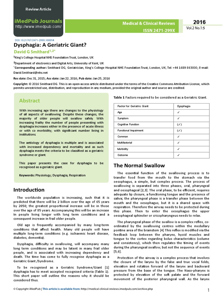 Dysphagia A Geriatric Giant Imedpub Journals Pdf Diseases And
