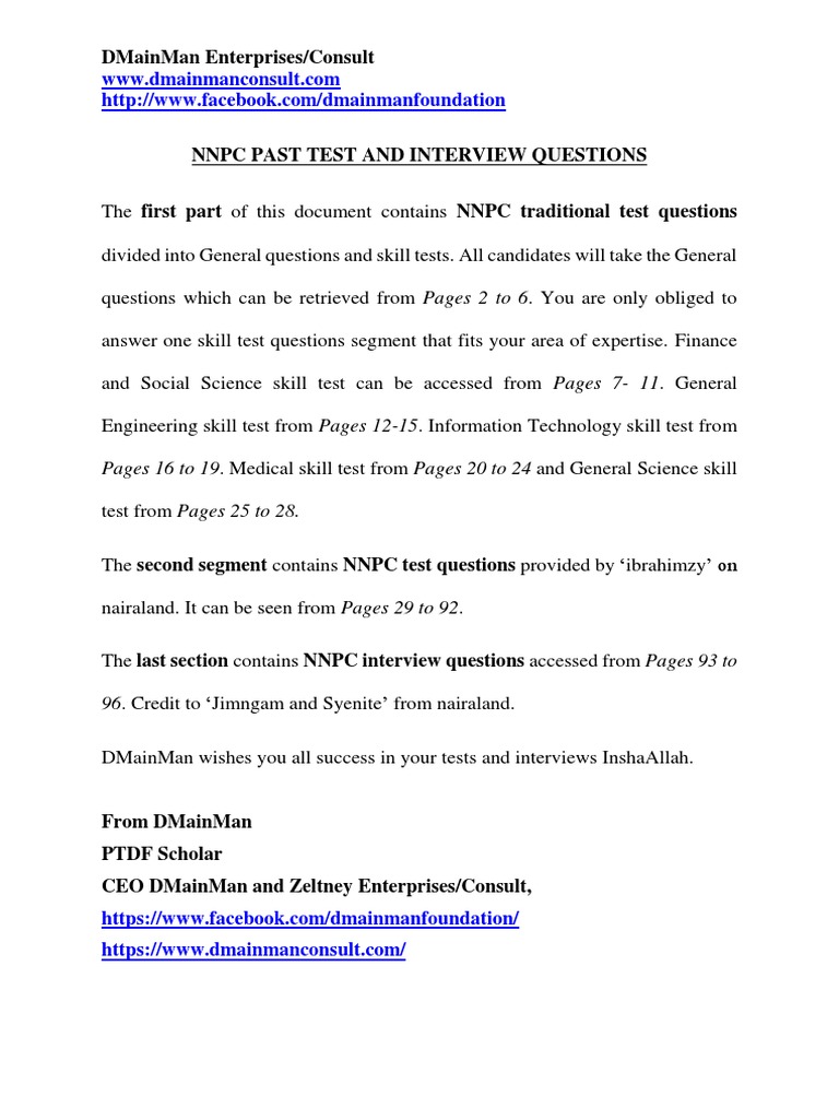 NNPC Past Test and Interview Questions - Dmainman PDF | PDF 