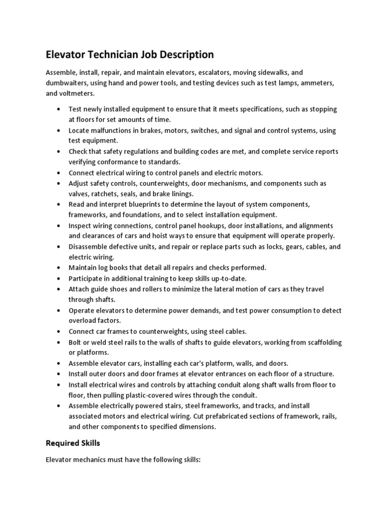 Elevator Technician Job Description an Elevator Mechanic PDF