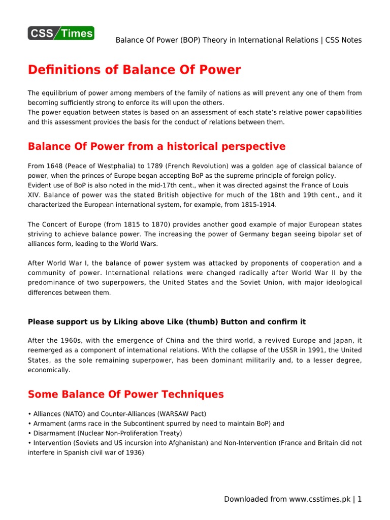 Balance of Power (BOP) Theory in International Relations - CSS Notes ...