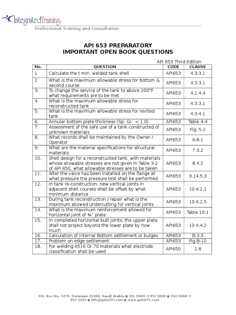 API 653 Exam Prep: Key Open Book Questions | PDF | Building Materials ...