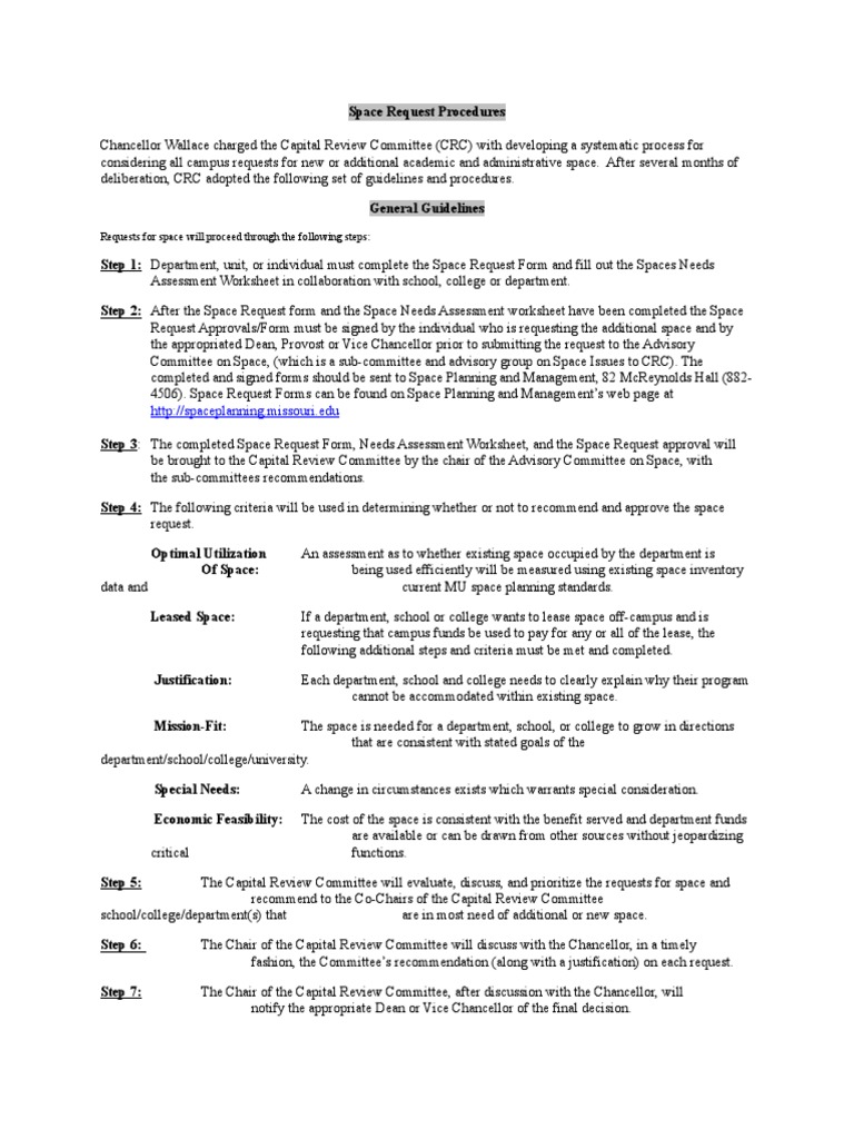 Space Request Procedures | PDF | Needs Assessment | Lease