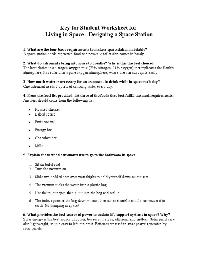 Key For Student Worksheet For Living in Space - Designing A Space ...