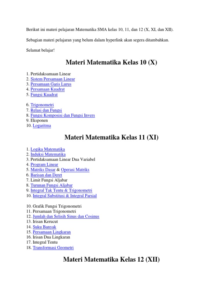 Berikut Ini Materi Pelajaran Matematika Sma Kelas 10 Docx