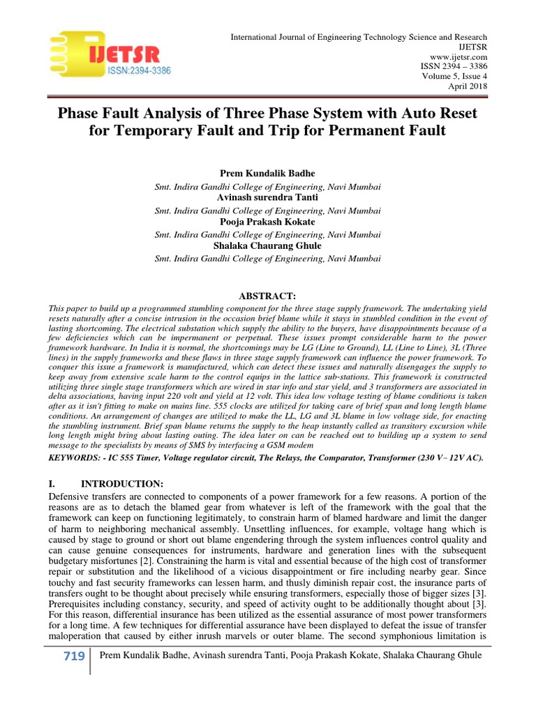 Phase Fault Analysis of Three Phase System With Auto Reset For ...