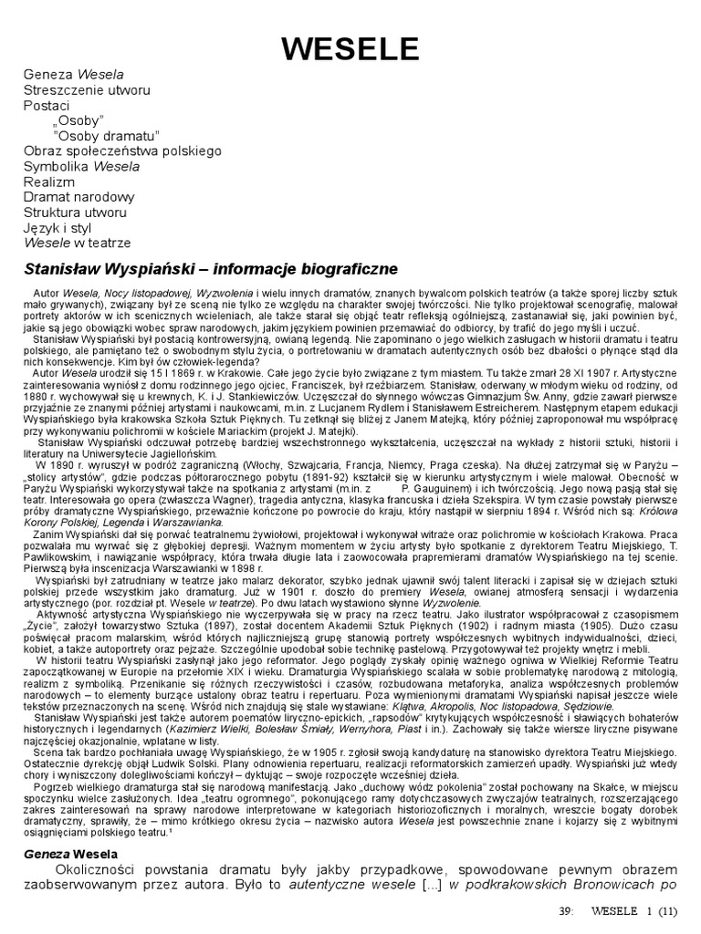 Wesele Wyspiański Streszczenie Szczegółowe Pdf