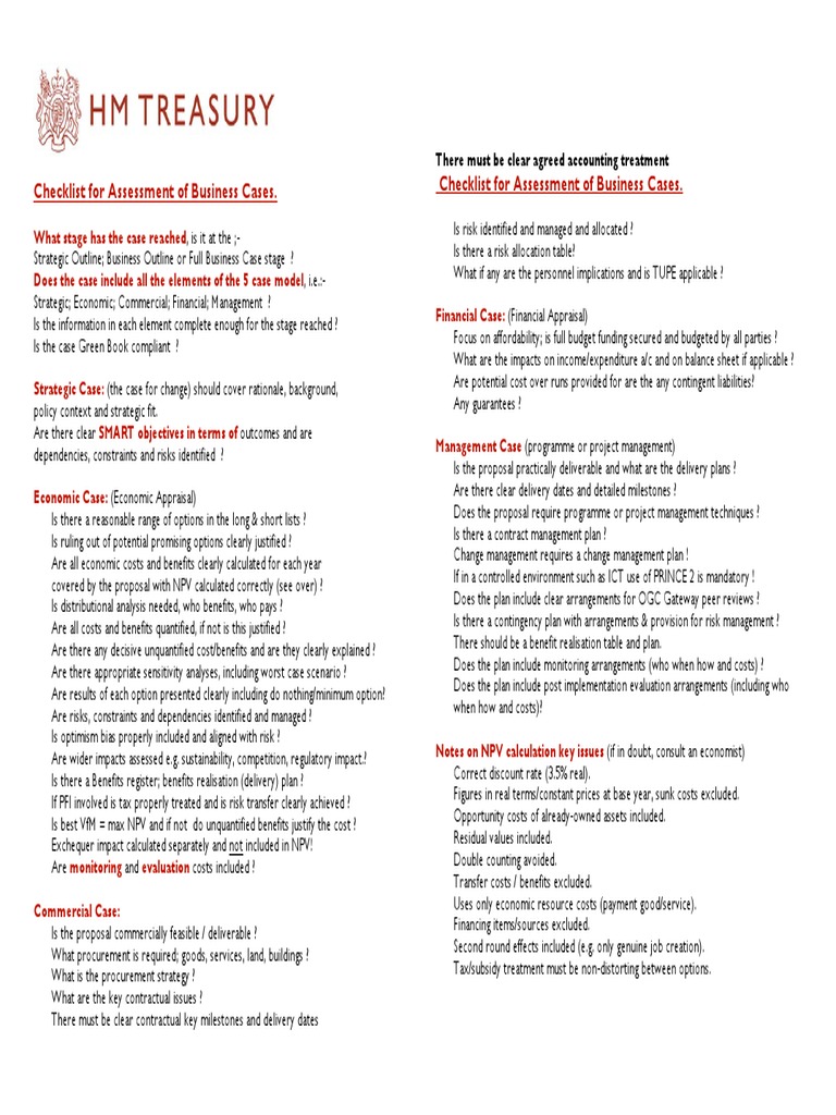 Green Book Guidance Checklist For Assessing Business Cases | PDF | Risk ...