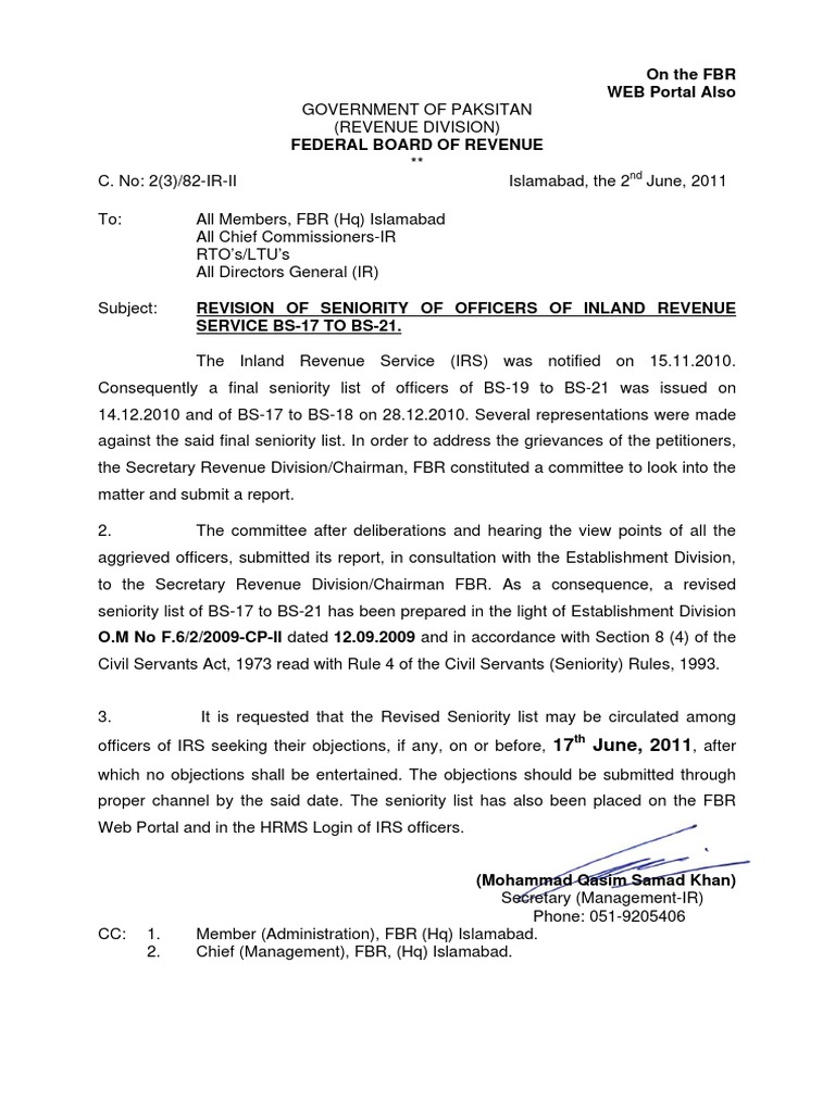 web Irs Seniority Pakistan