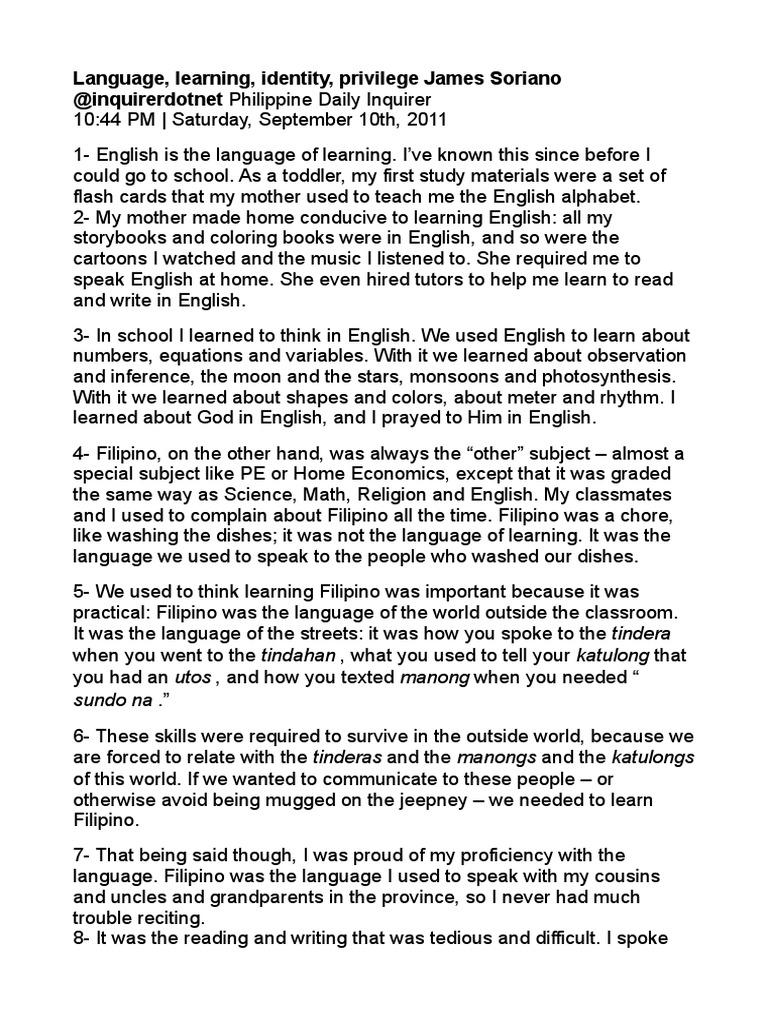 Language, Learning, Identity, Privilege James Soriano @inquirerdotnet ...