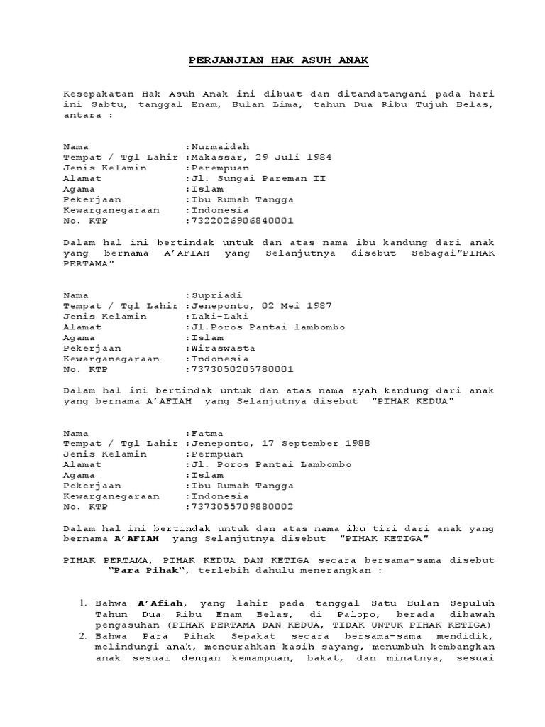 Perjanjian Hak Asuh Anak
