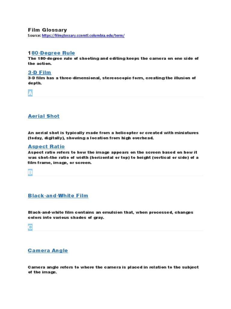 Film Glossary PDF Cinematography Zoom Lens