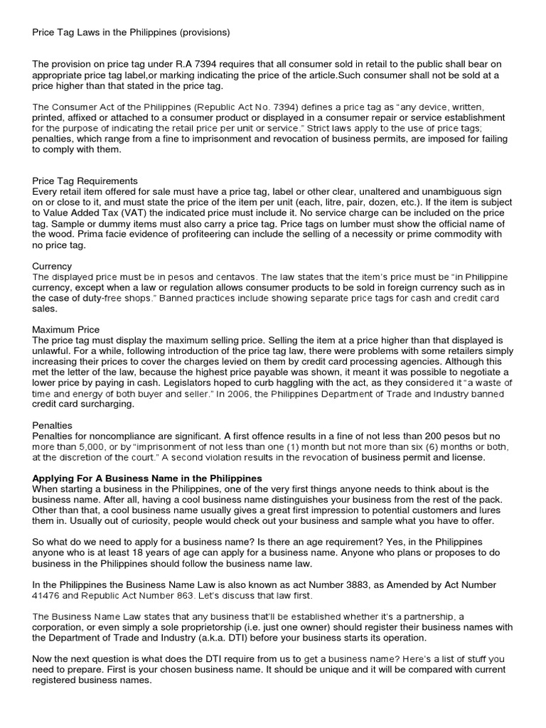 Price Tag Laws in The Philippines PDF Prices Credit Card