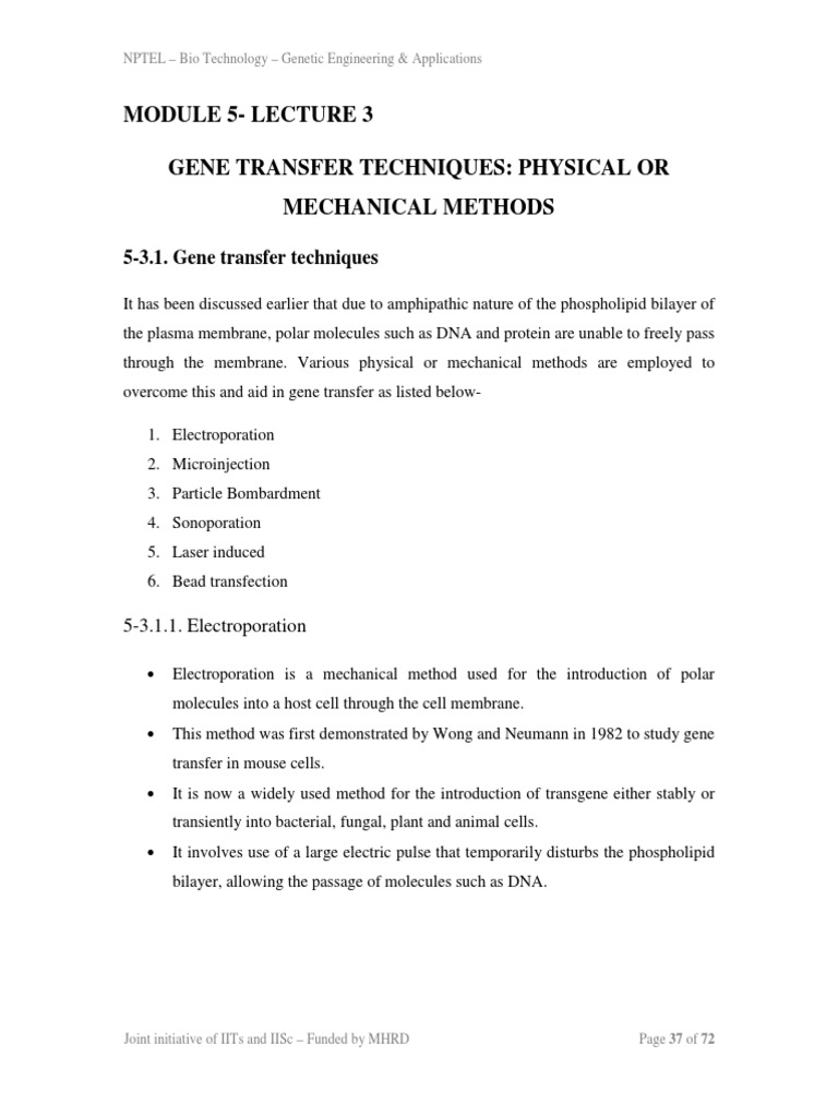 Gene Transfer Techniques in Biotechnology | PDF | Transfection ...