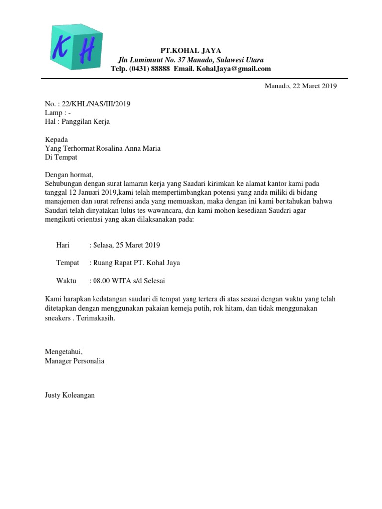 Surat Penerimaan Lamaran Kerja