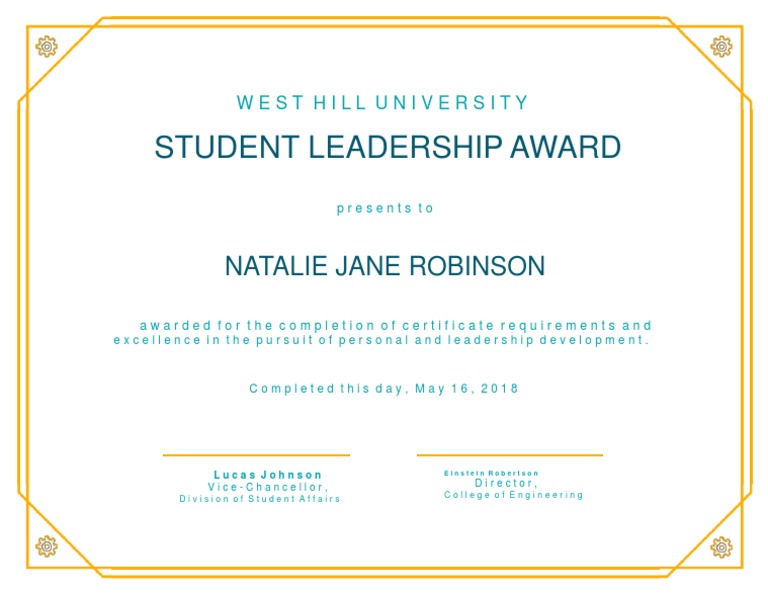 Yellow Student Leadership Award Certificate PDF