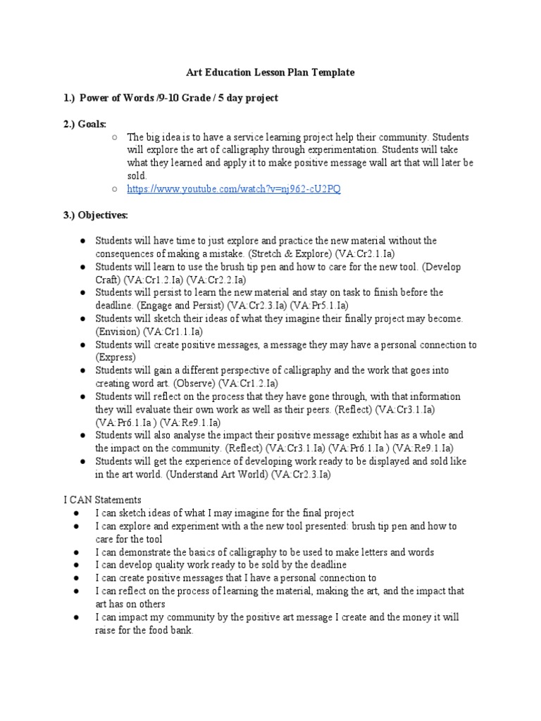 Art Education Lesson Plan Template 1.) Power of Words /9-10 Grade / 5 ...