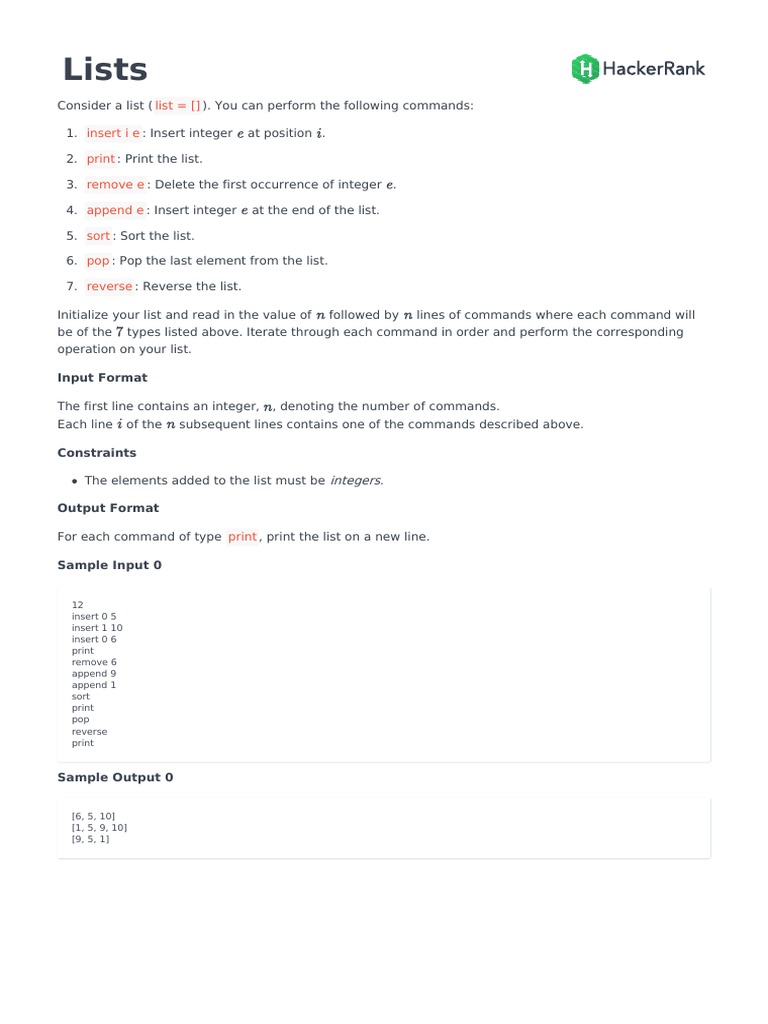 Lists: List Insert I e Print Remove e Append e Sort Pop Reverse | PDF