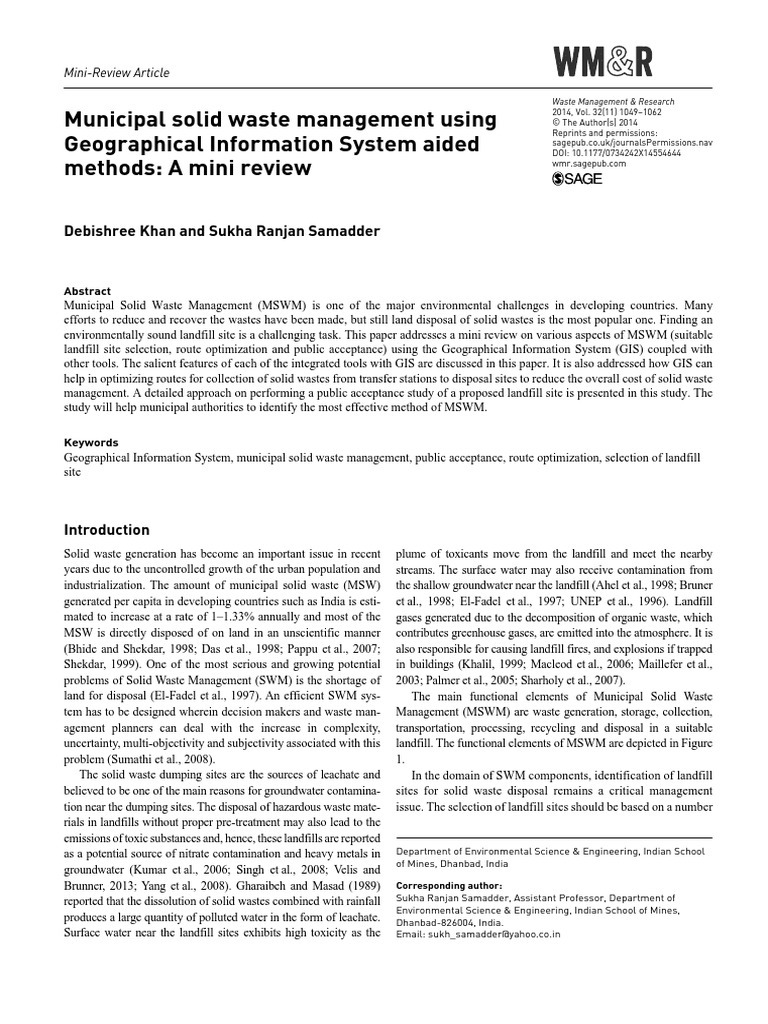 Municipal Solid Waste Management Using Geographical Information System Aided Methods A Mini Review D Khan And S R Samadder Geographic Information System Municipal Solid Waste