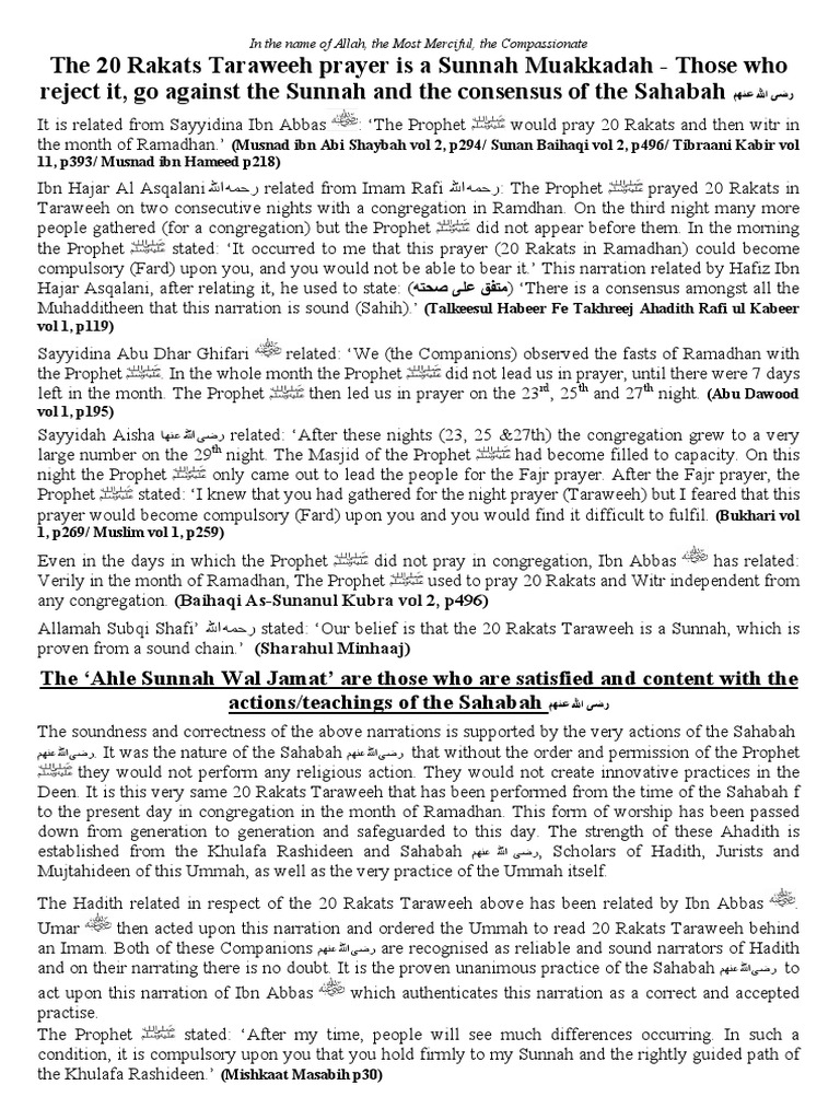 The 20 Rakats Taraweeh Prayer Is A Sunnah Muakkadah | PDF | Hadith ...