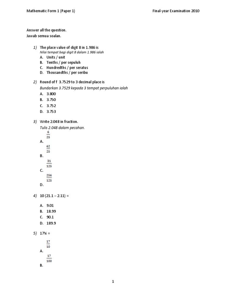 Math Form 1 Paper 1 | PDF | Volume | Euclidean Geometry