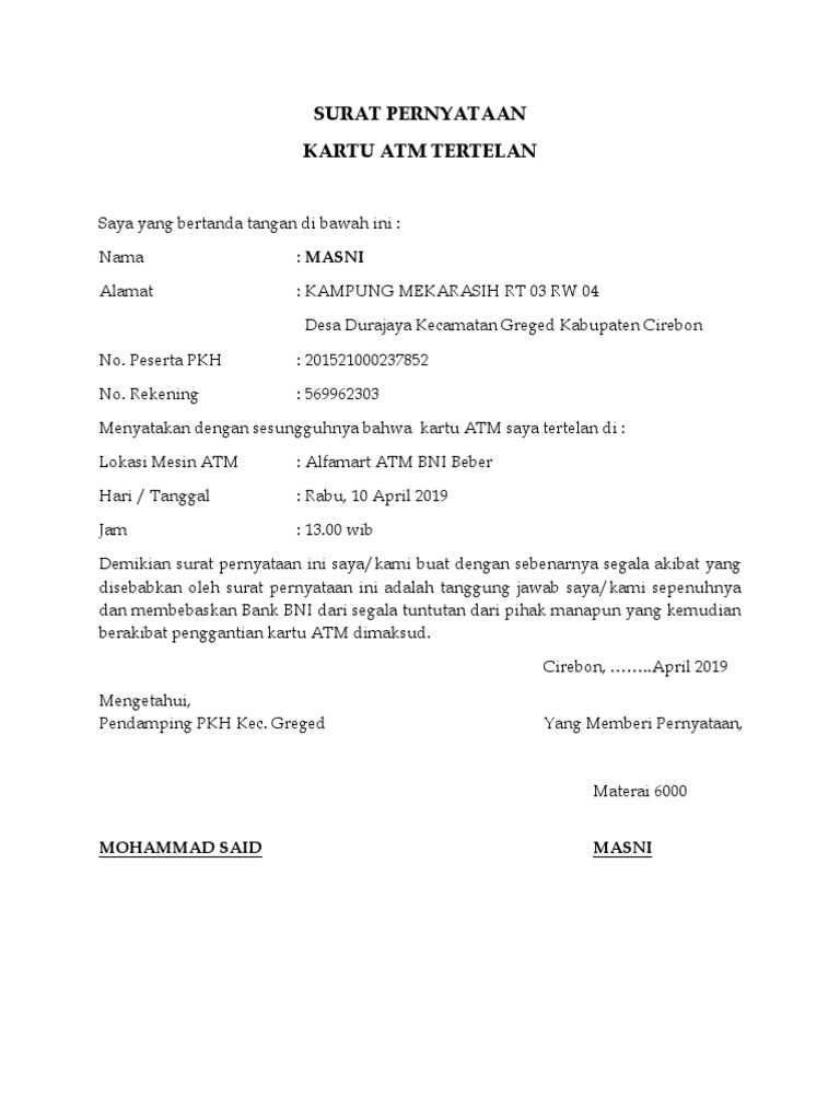 Surat Pernyataan Atm Tertelan Pdf