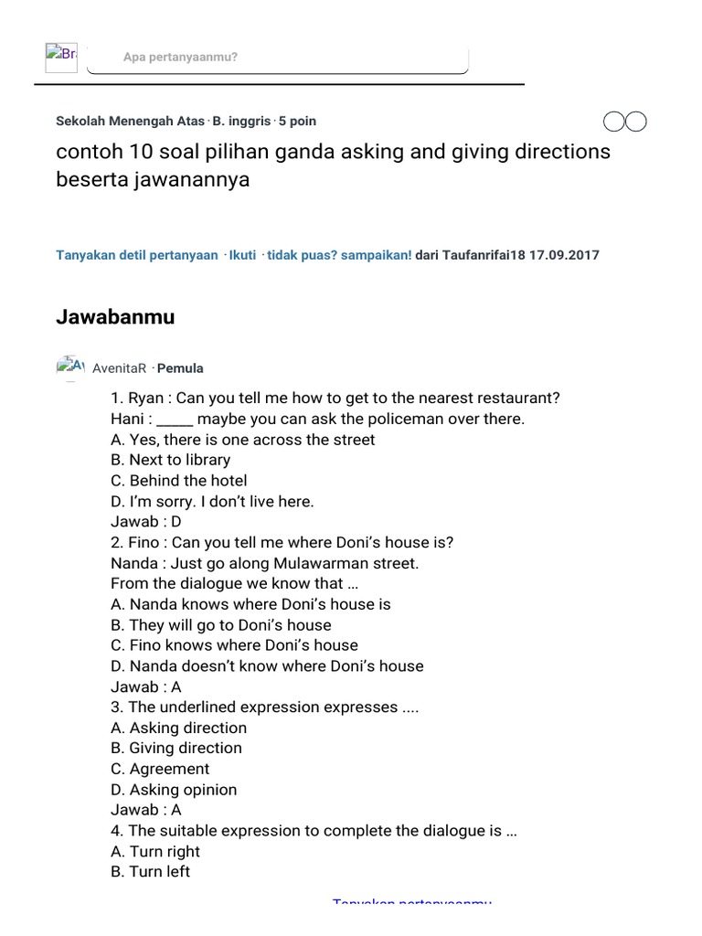 contoh 10 soal pilihan ganda asking and giving directions
