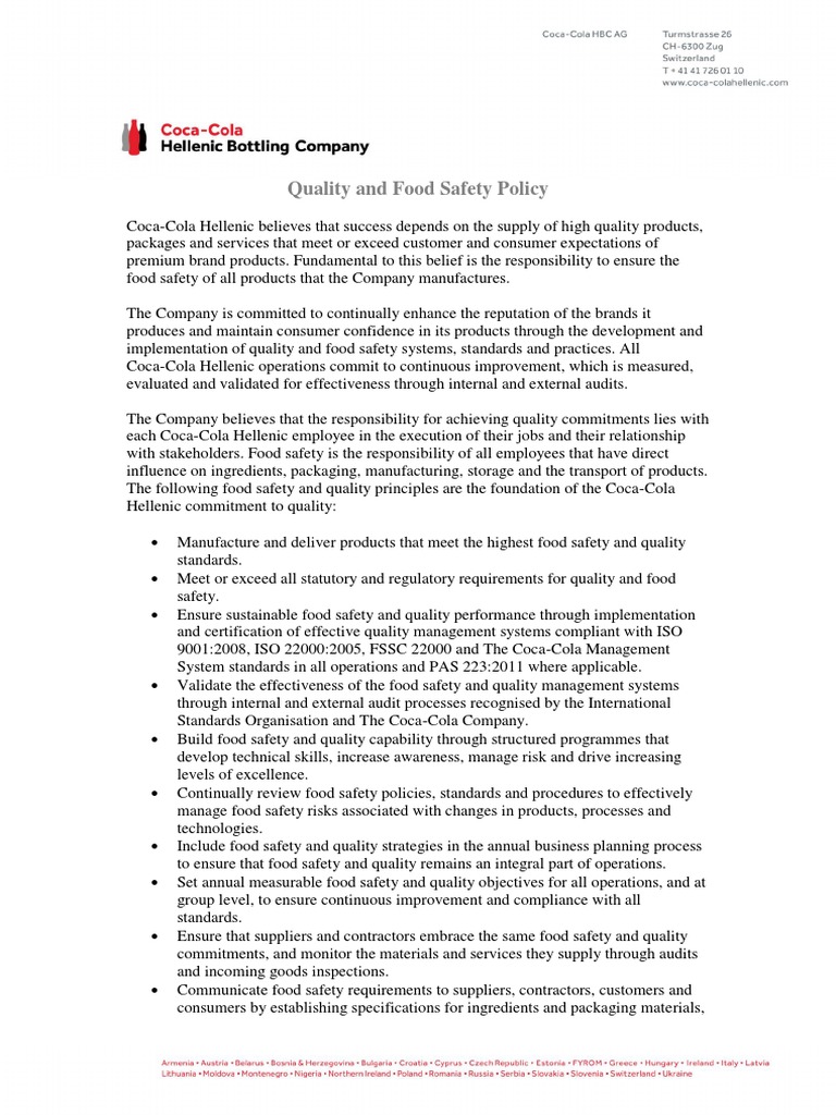 Coca Cola Hbc Quality and Food Safety Policy | Food Safety | Safety