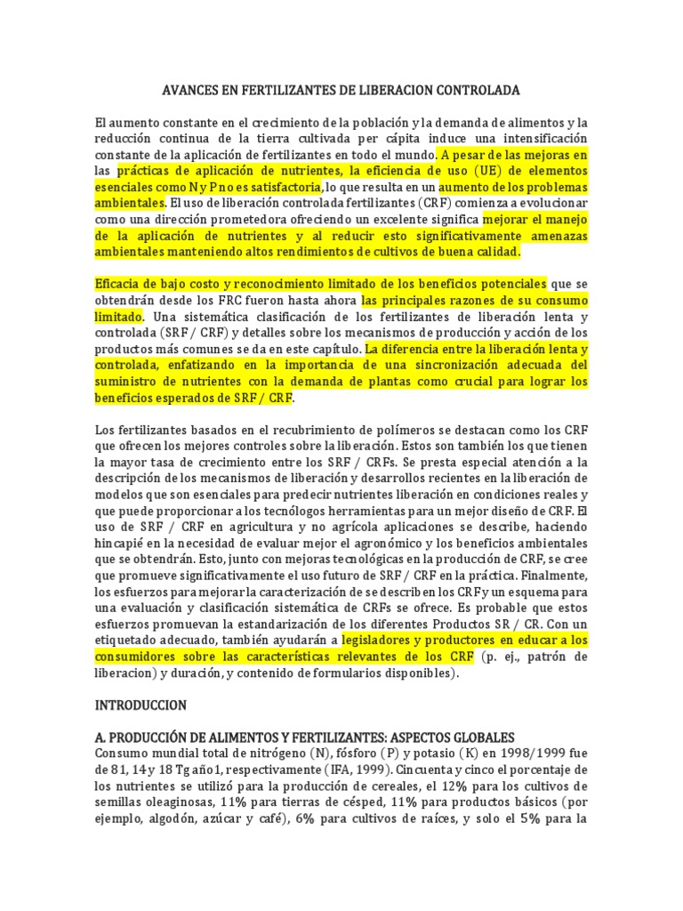 Avances en Fertilizantes de Liberacion Controlada PDF Fertilizante