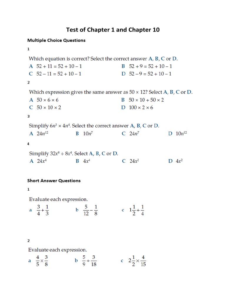 Year 10 Maths Test of Chapter 1 and Chapter 10 PDF