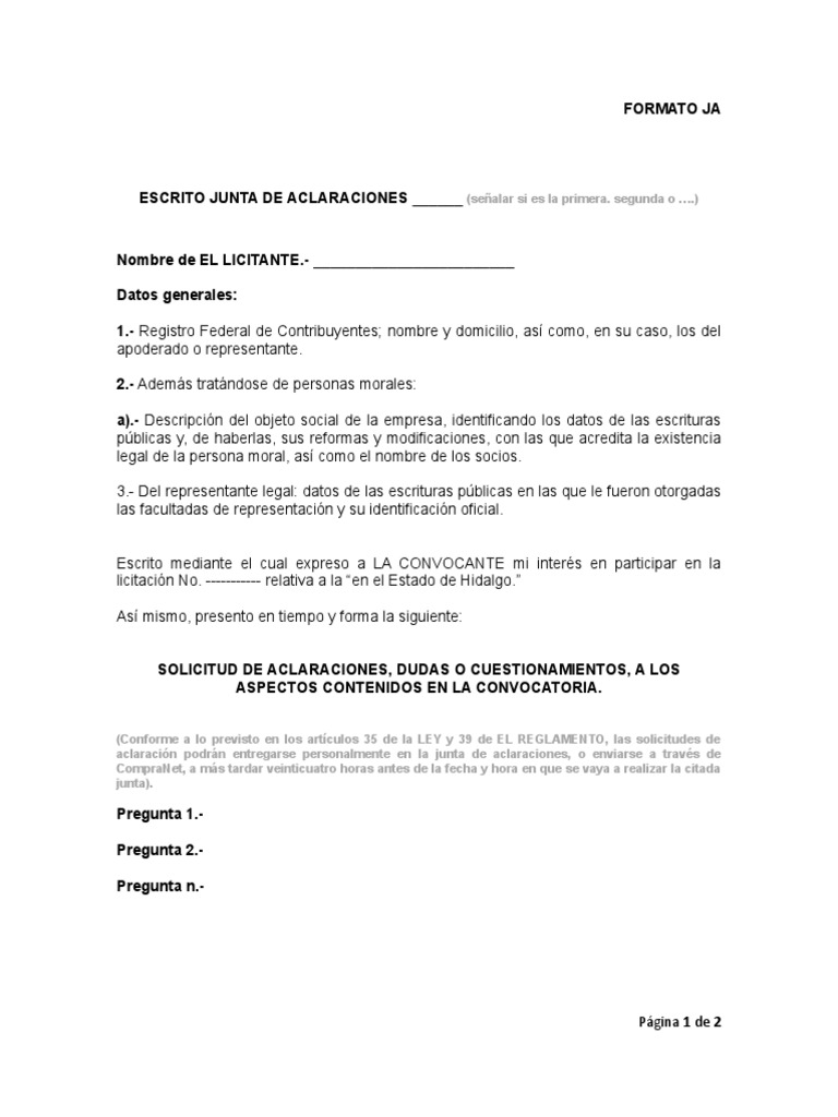 Formato JA para Junta de Aclaraciones | PDF